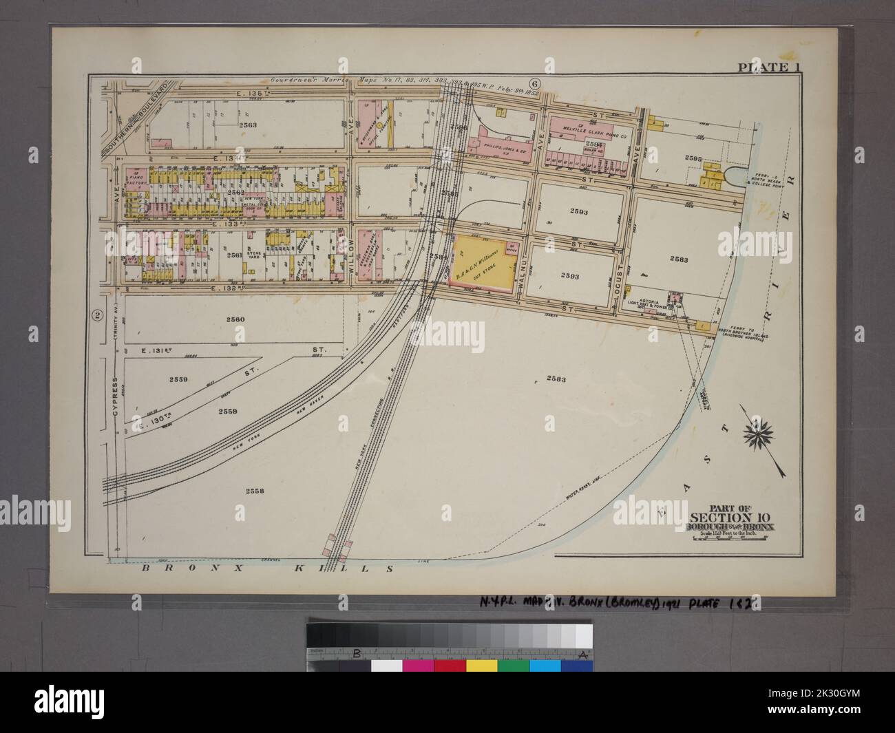 G. W. Bromley & Co. Cartographie, cartes. 1921. Lionel Pincus et Princess Firyal Map Division. Bronx (New York, N.Y.), immeuble , New York (État) , New York plate 1, partie de l'article 10, arrondissement du Bronx. Bornée par Southern Boulevard, E.135th Street, Locust Avenue, E. 132nd Street et Cypress Avenue. Banque D'Images
