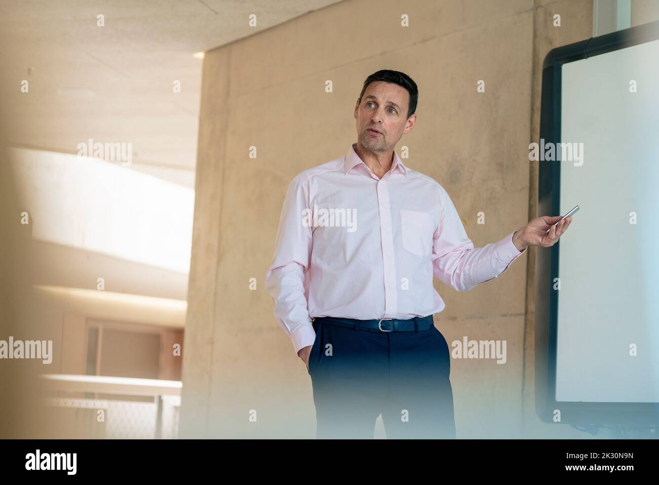 Homme d'affaires mature donnant la présentation par écran de projection dans le couloir Banque D'Images