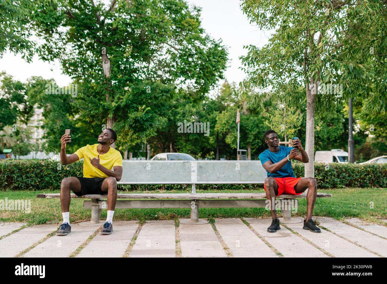 Jeunes hommes qui prennent le selfie à travers les smartphones assis sur le banc au parc Banque D'Images