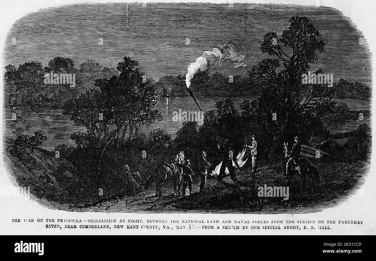 La guerre sur la péninsule - signalisation nocturne entre la terre nationale et les forces navales à partir de la station située sur la rivière Pamunkey, près de Cumberland, comté de New Kent, Virginie, 12 mai, 1862. Illustration de la guerre de Sécession de 19th siècle dans le journal illustré de Frank Leslie Banque D'Images