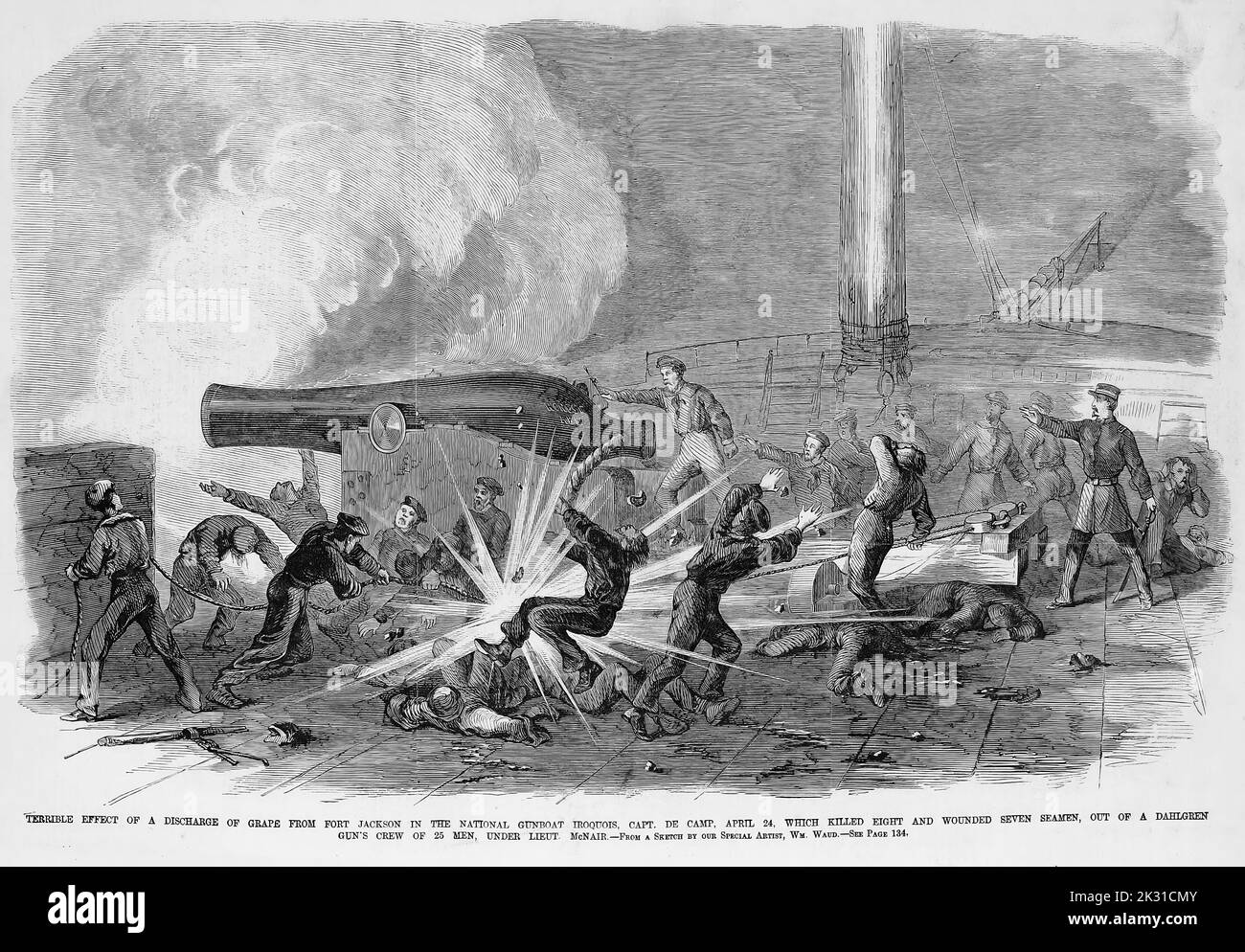 Terrible effet d'une décharge de raisin du fort Jackson dans le canonnière national Iriquois, capitaine de camp, 24 avril 1862, qui a tué huit et blessé sept marins, de l'équipage d'un fusil Dahlgren de 25 hommes, sous le lieutenant McNair. Battle of forts Jackson et St. Philip. Illustration de la guerre de Sécession américaine du 19th siècle tirée du journal illustré de Frank Leslie Banque D'Images