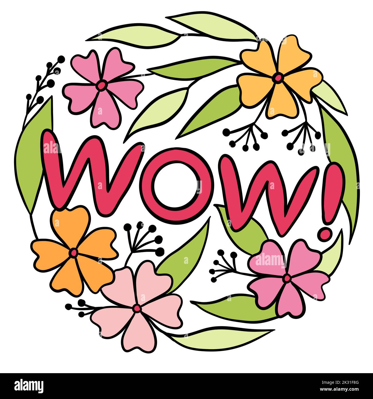 Forme circulaire dessinée à la main avec des feuilles de fleurs en mot. Vente lumineuse bannière florale, fleur de fleurs été design d'affaires, rose vert orange élément de décoration Banque D'Images