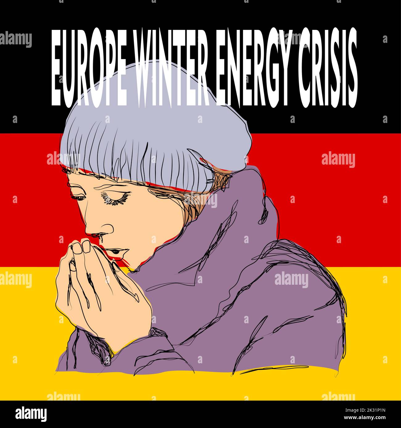 Illustration dessinée à la main d'une personne froide sur fond de drapeau allemand, avec l'inscription crise énergétique européenne d'hiver. Parfait pour les affiches Illustration de Vecteur