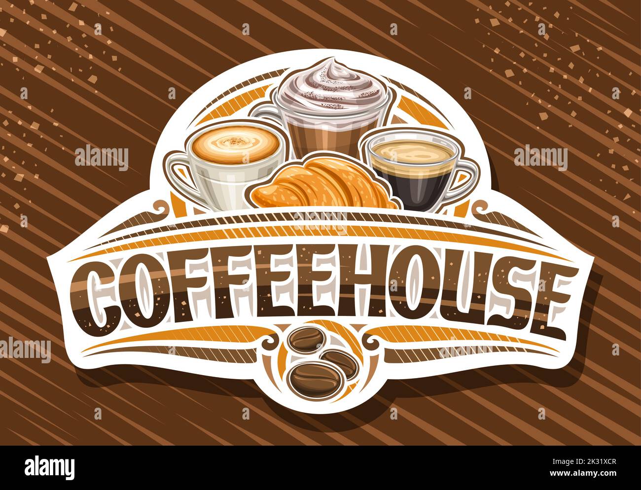 Logo Vector pour Coffeehouse, panneau décoratif blanc avec illustration de trois tasses différentes, croissant français, grains de café torréfiés et Illustration de Vecteur