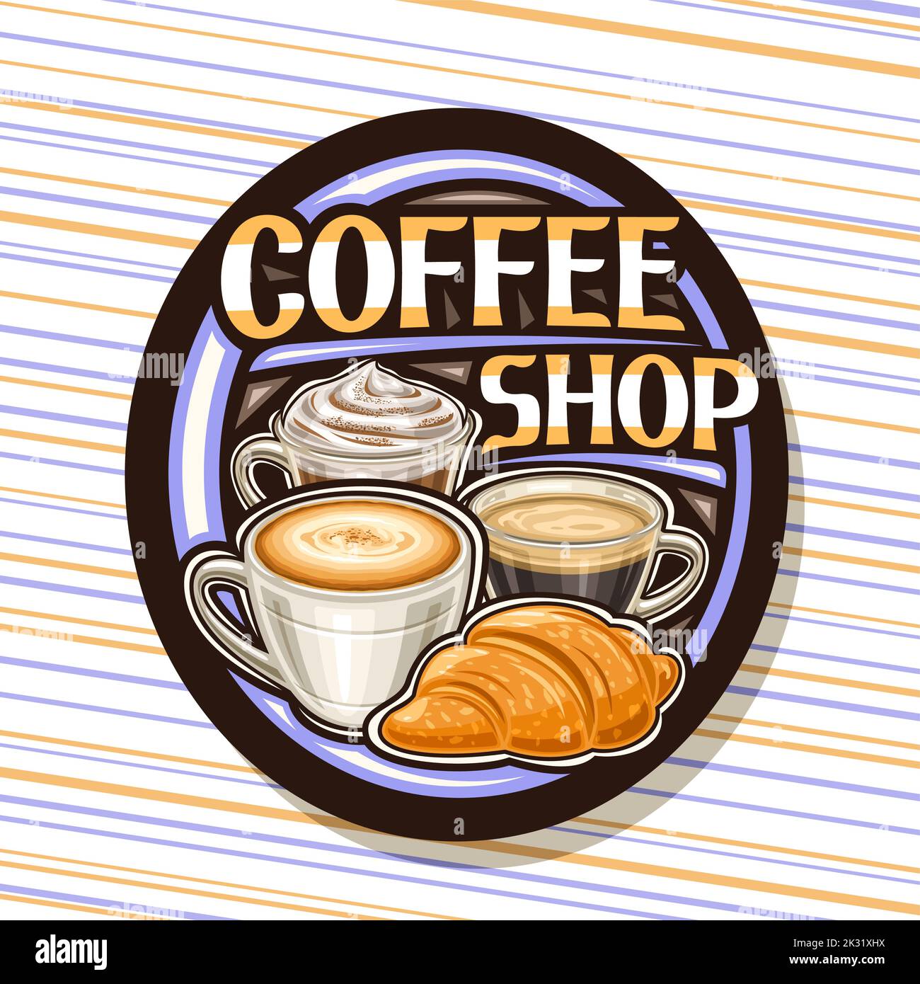 Logo Vector pour Coffee Shop, panneau d'affichage décoratif noir avec illustration de 3 tasses de café différentes, croissant français et lettrage unique pour le marron Illustration de Vecteur