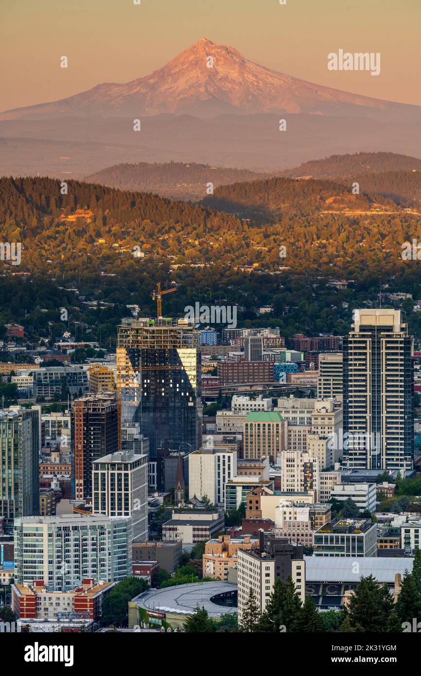 Horizon du centre-ville et Mt. Hood at Sunset, Portland, Oregon, États-Unis Banque D'Images