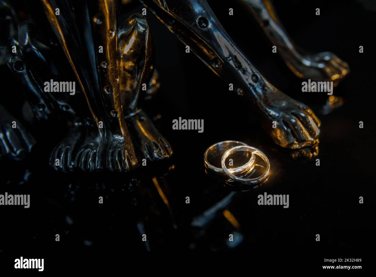 Deux anneaux de mariage dorés isolés sur le sombre, mariage anneaux concept d'arrière-plan Banque D'Images