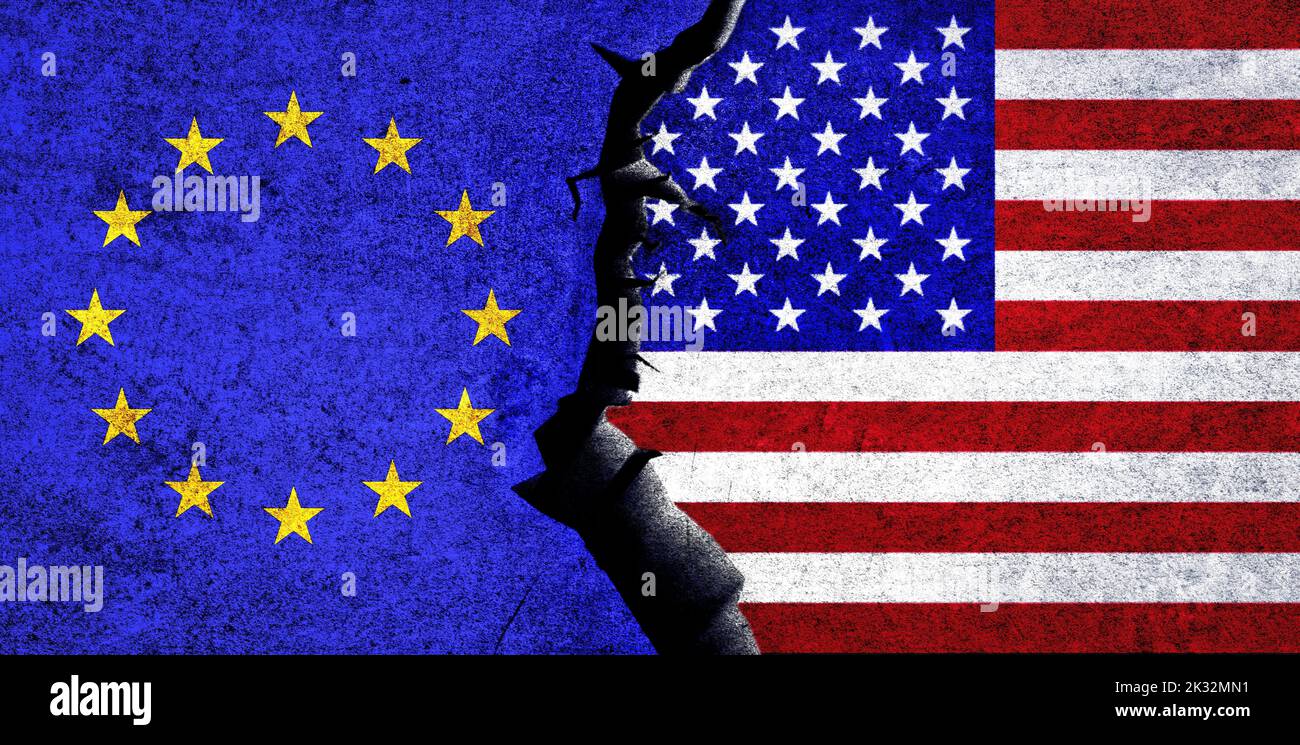 Drapeaux des États-Unis et de l'UE ensemble. Union européenne et États-Unis d'Amérique relation, conflit, crise, concept économique. USA contre UE Banque D'Images