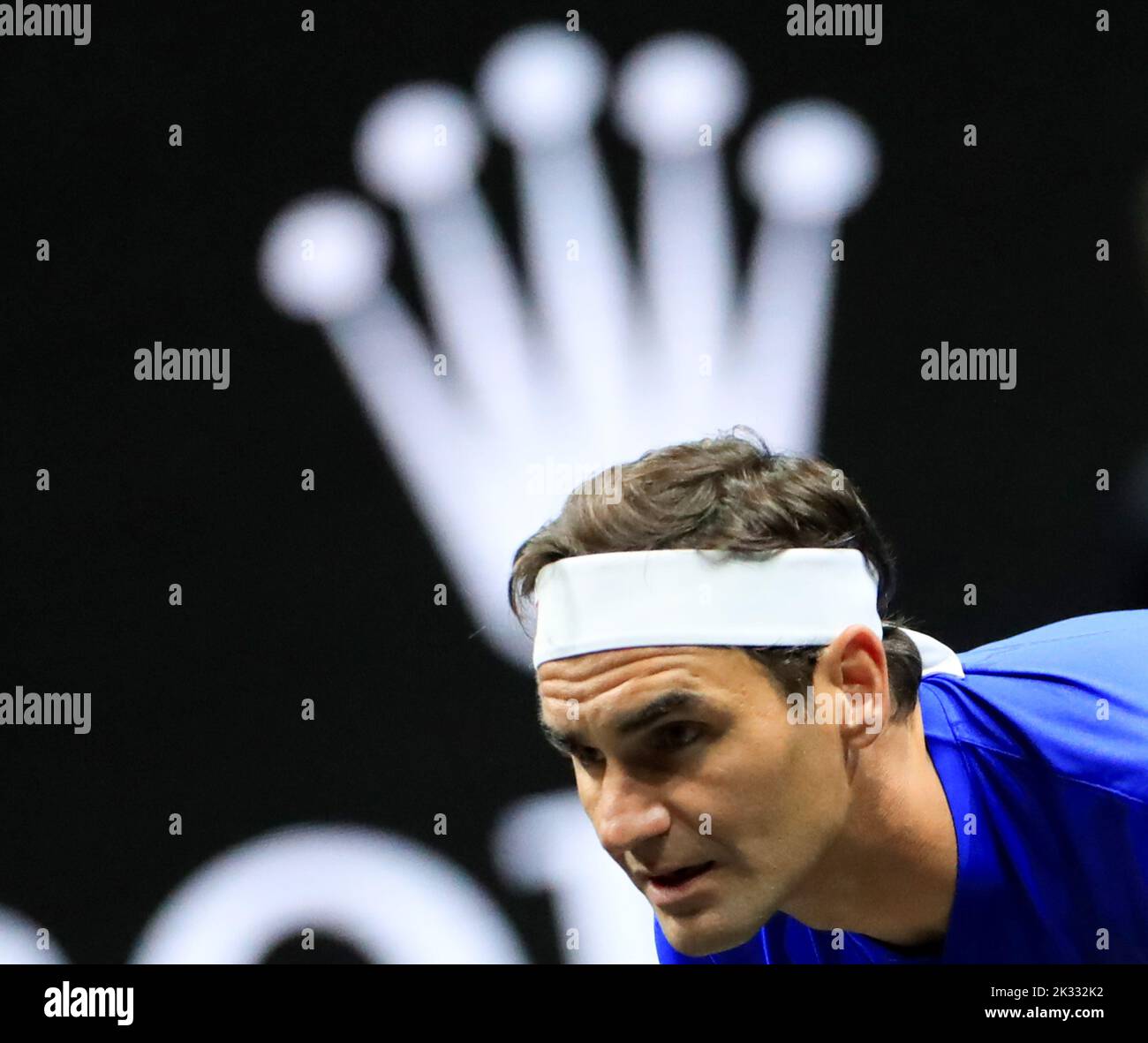 Londres, Grande-Bretagne. 23rd septembre 2022. Roger Federer, joueur suisse de Team Europe, est en compétition lors de son dernier match après avoir annoncé sa retraite à la Laver Cup à Londres, en Grande-Bretagne, le 23 septembre 2022. Crédit : Li Ying/Xinhua/Alay Live News Banque D'Images