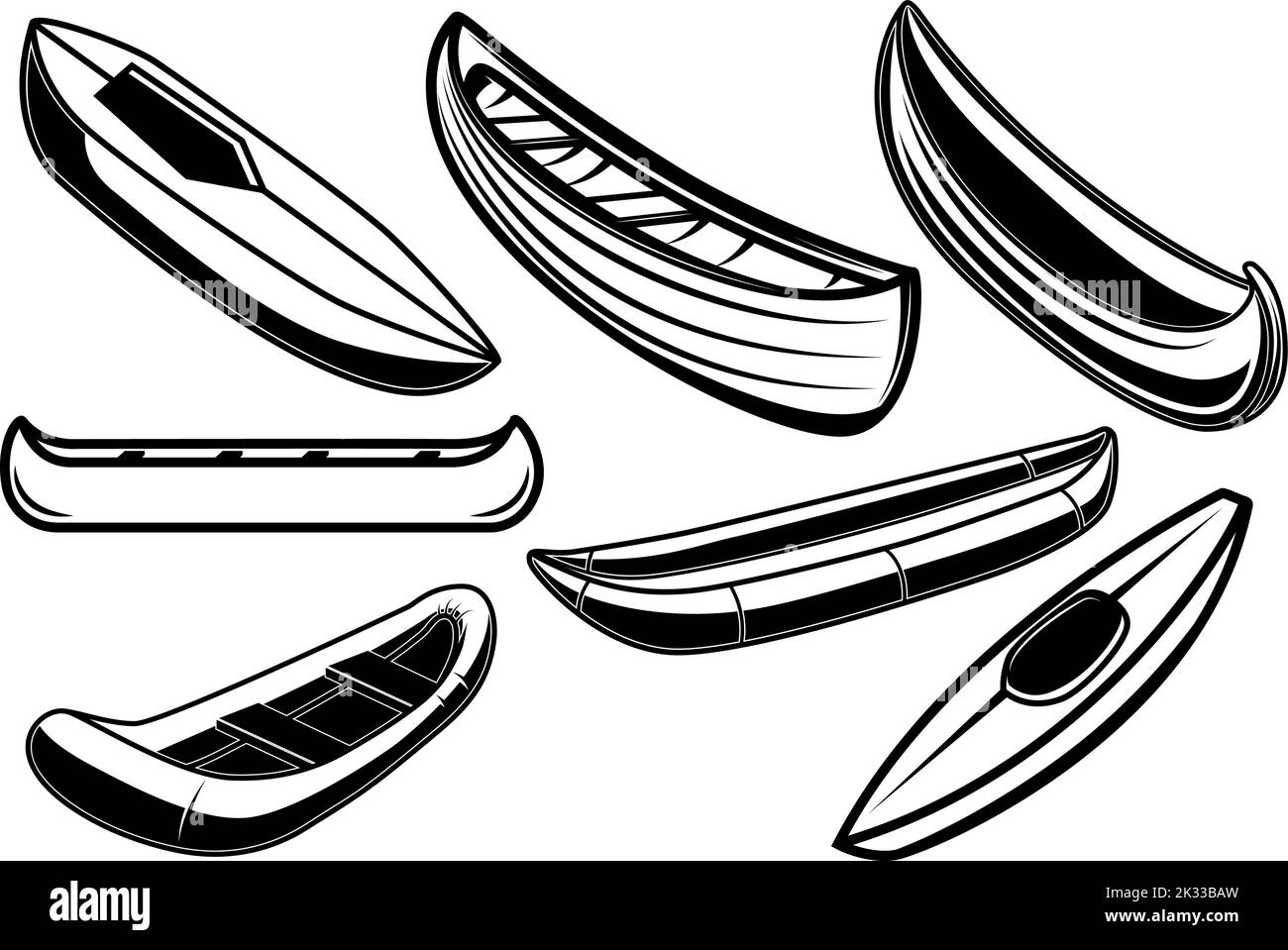 Ensemble d'illustrations de kayak, canoë, bateaux. Élément de conception pour affiche, carte, bannière, panneau, logo. Illustration vectorielle Illustration de Vecteur