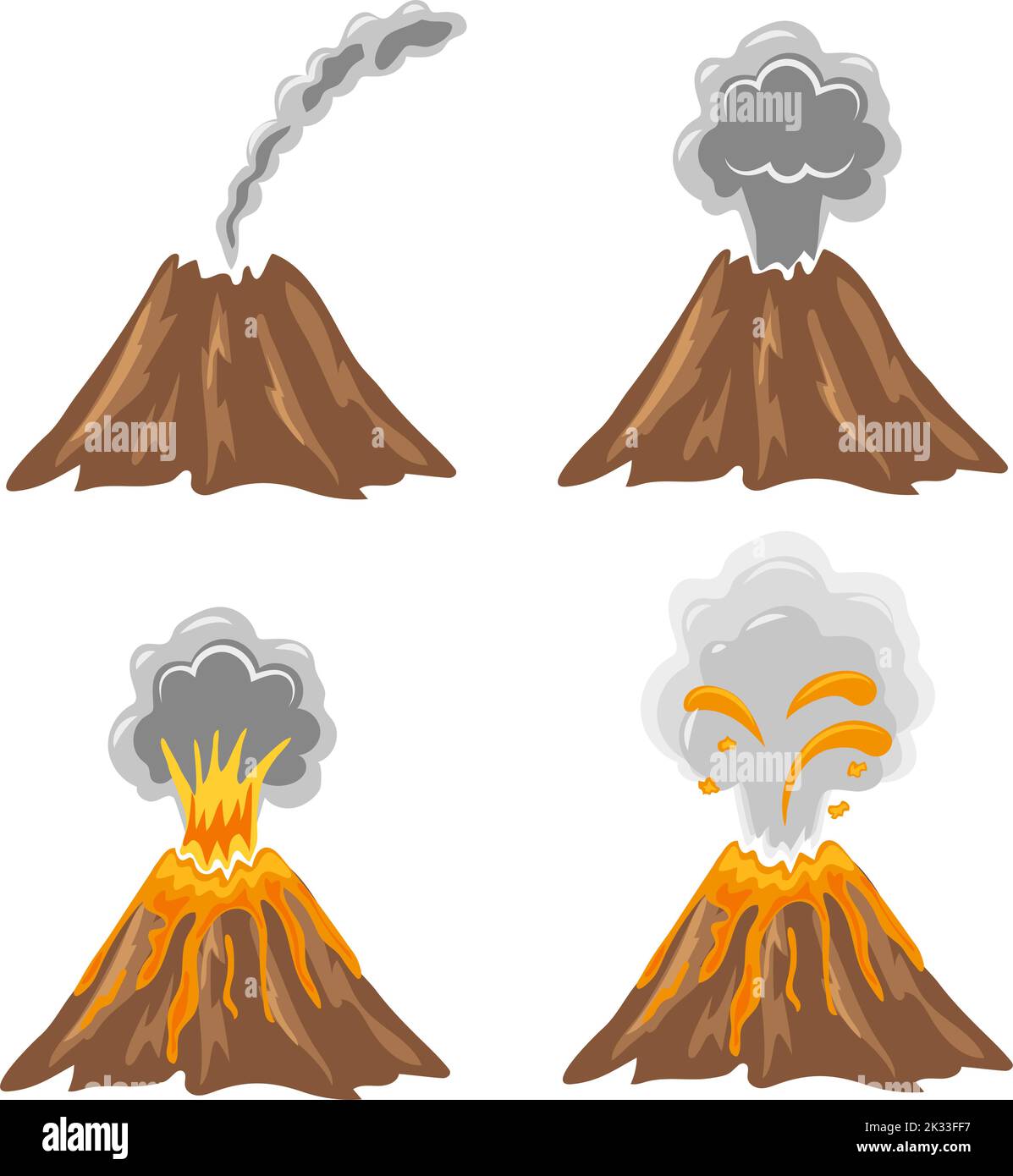 Différentes étapes du volcan. Ensemble vectoriel d'icônes d'éruption ...