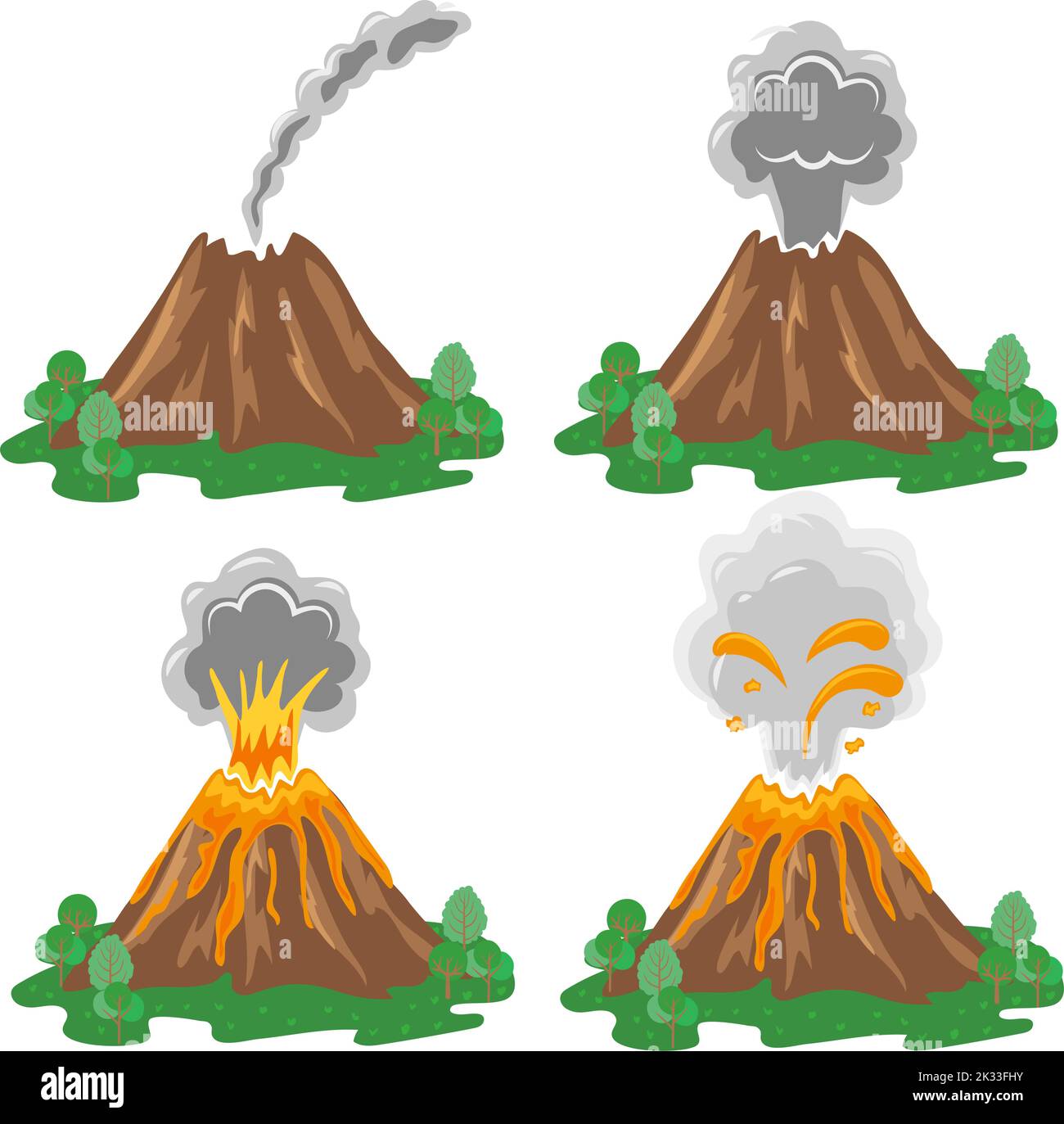 Ensemble vectoriel d'illustrations d'éruption volcanique isolées sur blanc. Différentes étapes de l'activité du volcan Illustration de Vecteur