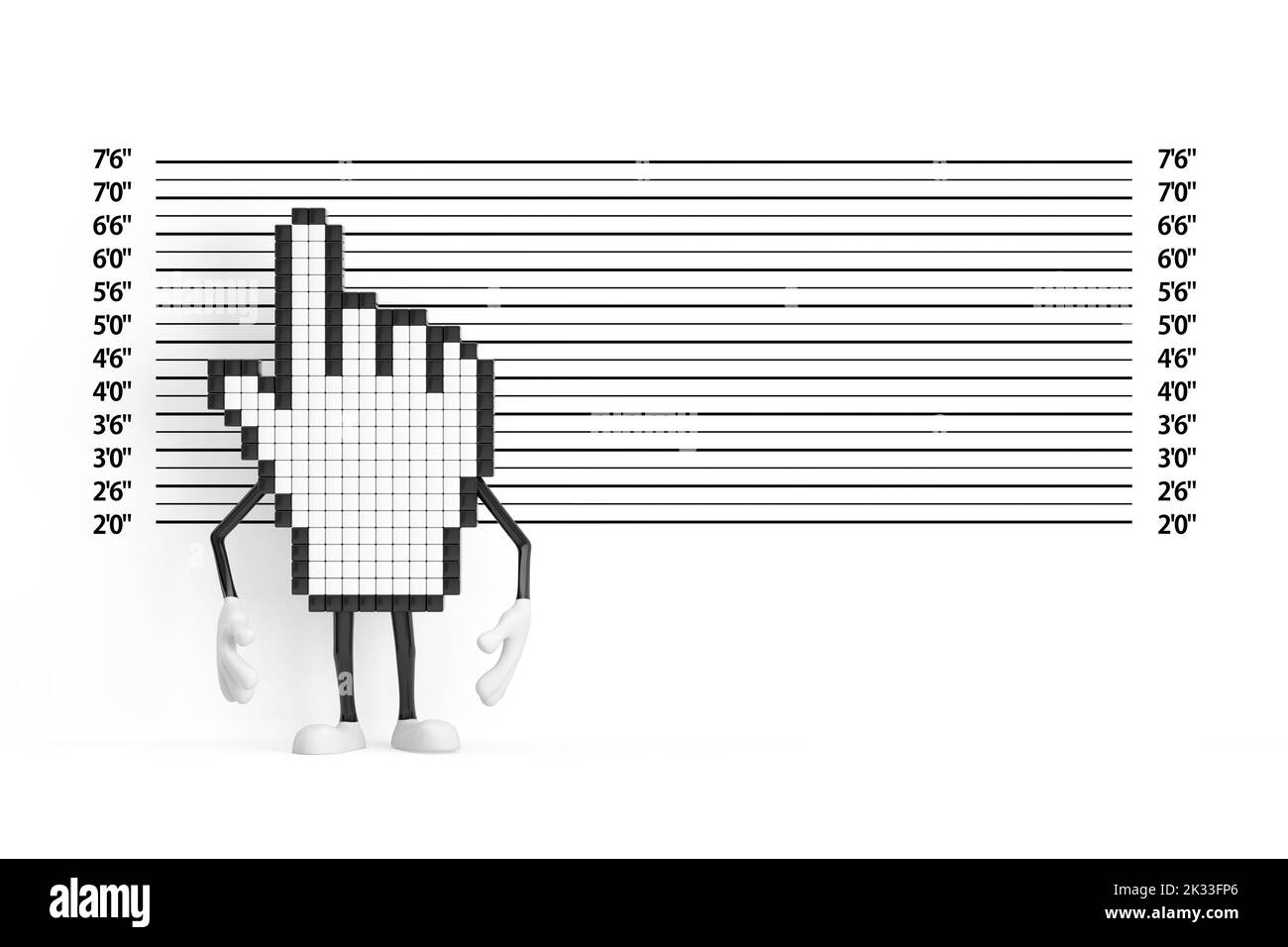 Pixel main curseur personnage de personne de mascotte devant police ligne ou Mugshot arrière-plan extrême gros plan. 3D rendu Banque D'Images