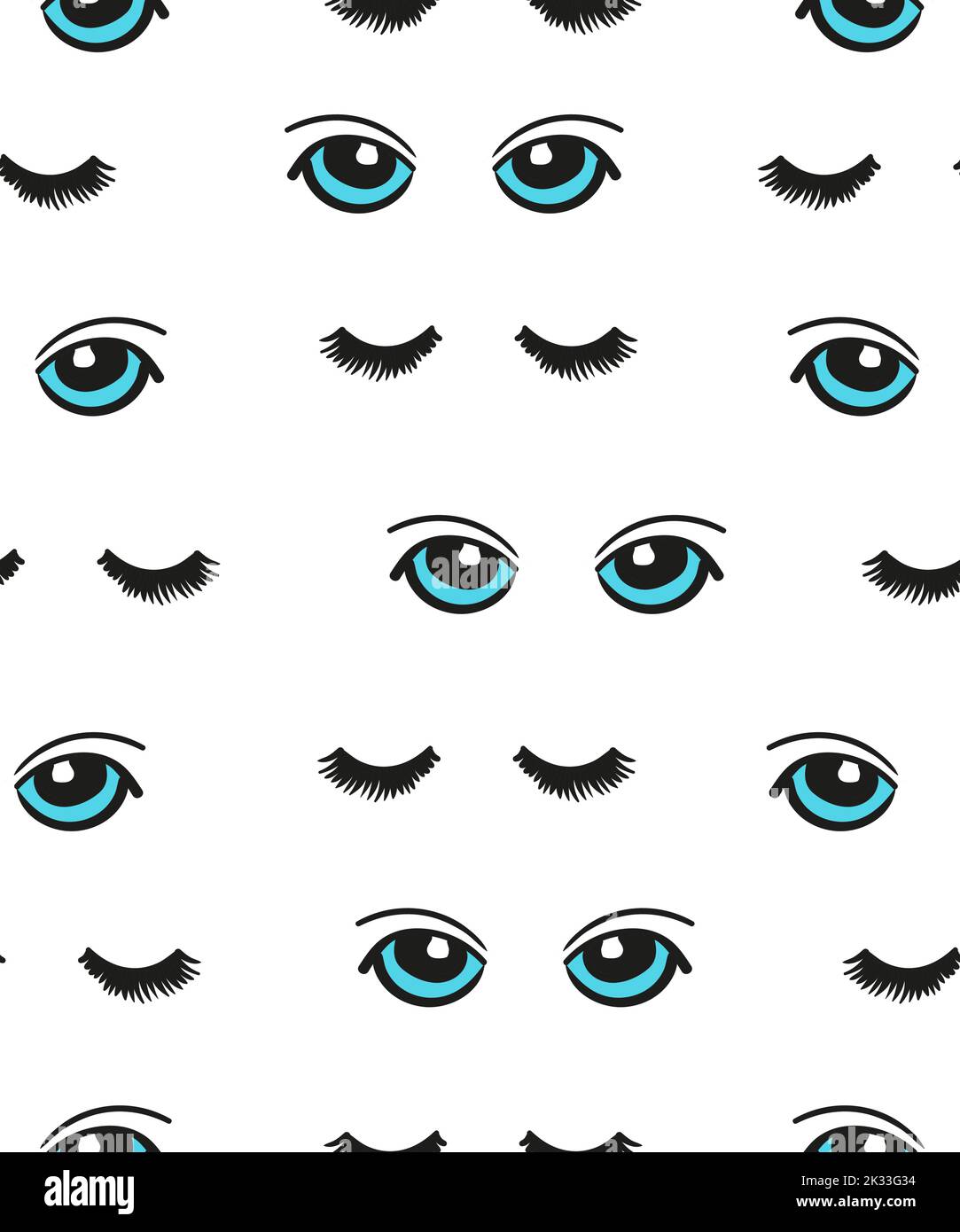Motif sans coutures yeux bleu dessin animé. Arrière-plan vectoriel avec des yeux et des cils isolés sur du blanc Illustration de Vecteur