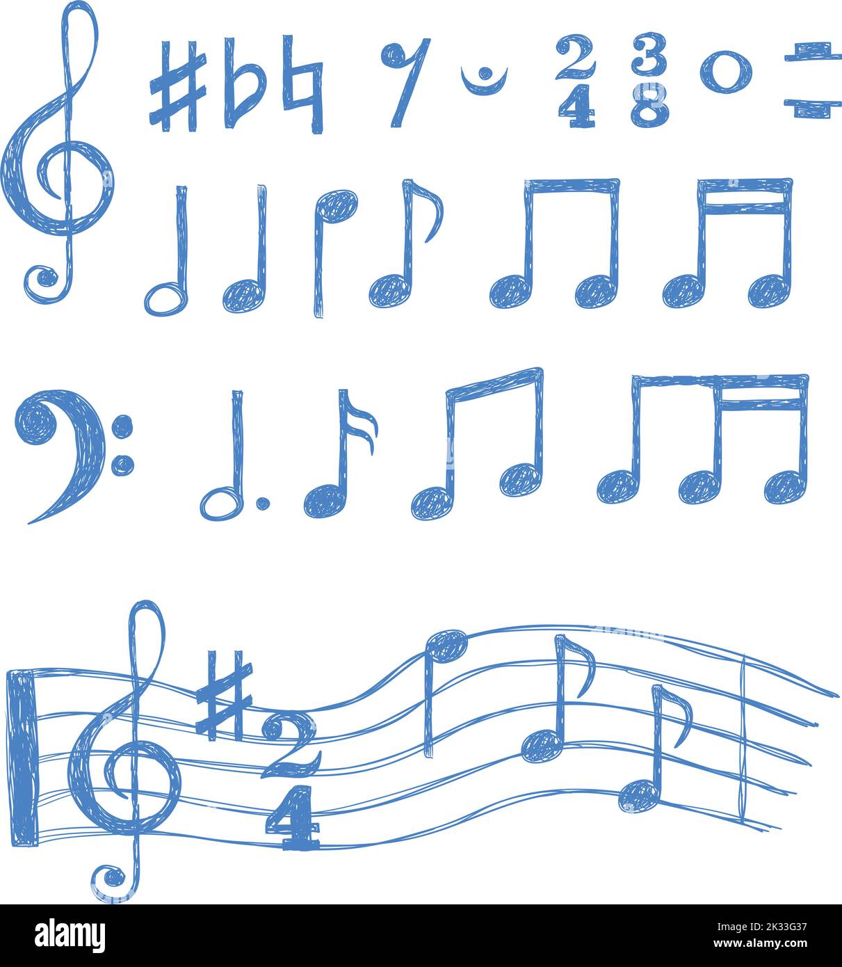 Jeu de notes de musique. Collection de symboles de musique d'esquisse isolés en blanc. Illustration vectorielle. Illustration de Vecteur