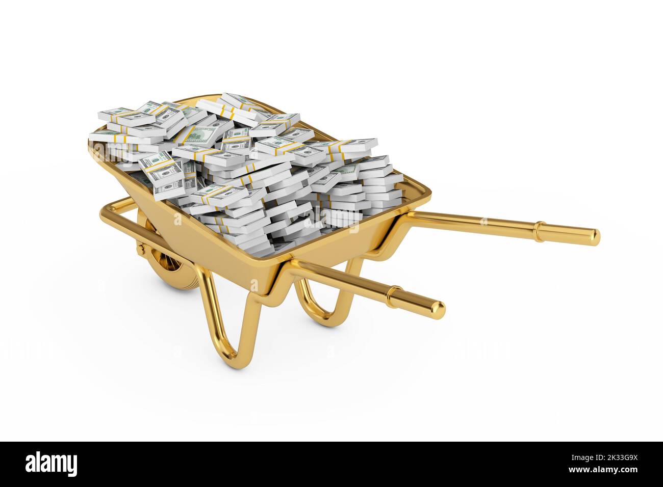 Pile d'argent USD dans un Golden Wheel Barrow sur fond blanc. 3D rendu Banque D'Images