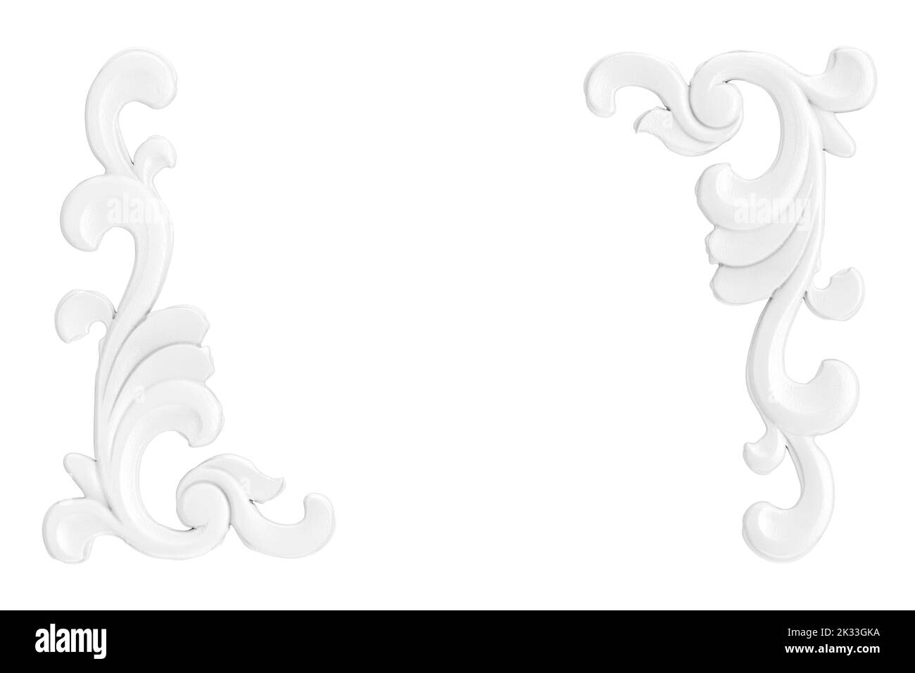 Cadres et éléments en forme de Bagetnye blanc en gypse. Stuc Weave, Pattern, ornement sur fond blanc. 3D rendu Banque D'Images