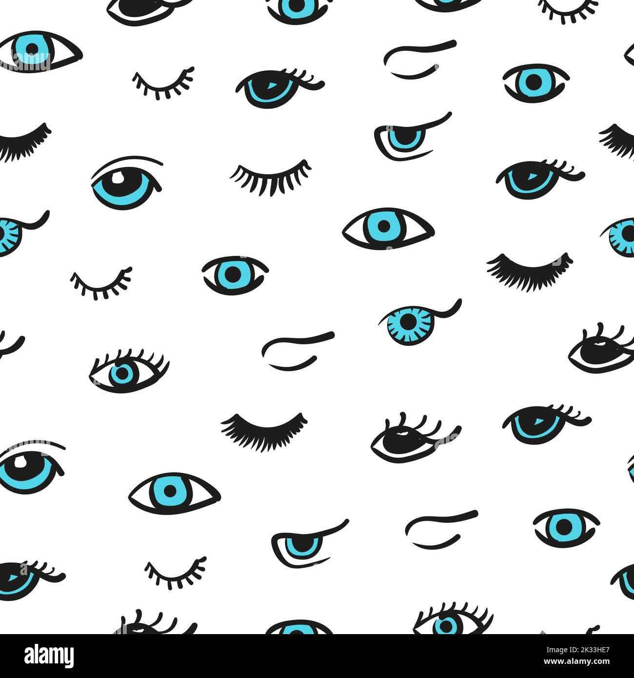 Motif yeux Doodle sans coutures. Arrière-plan vectoriel avec des yeux et des cils bleus mignons Illustration de Vecteur