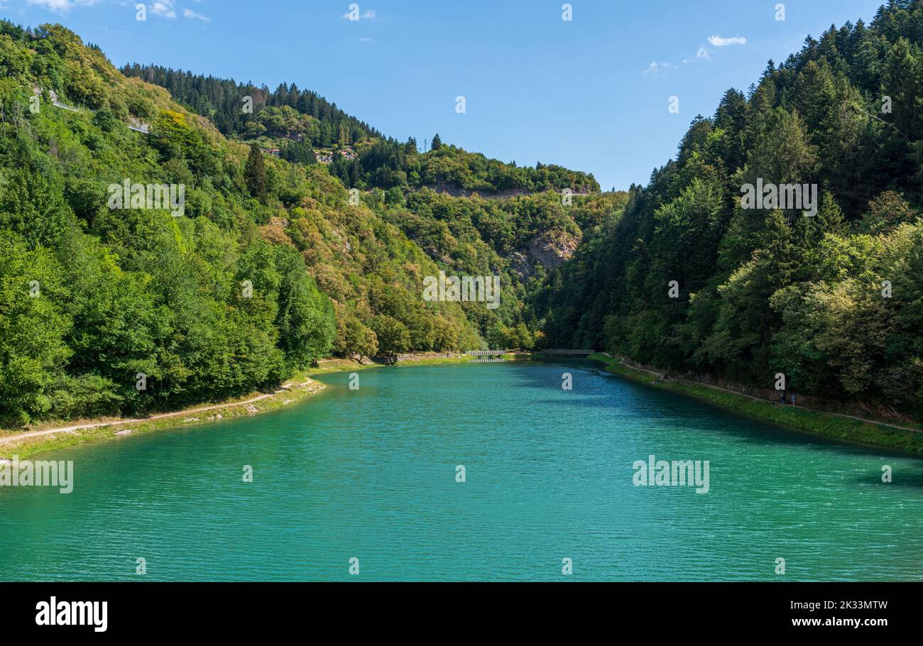 Vue d'été idyllique à Molveno, dans la province de Trento, Trentin-Haut-Adige, Italie. Banque D'Images