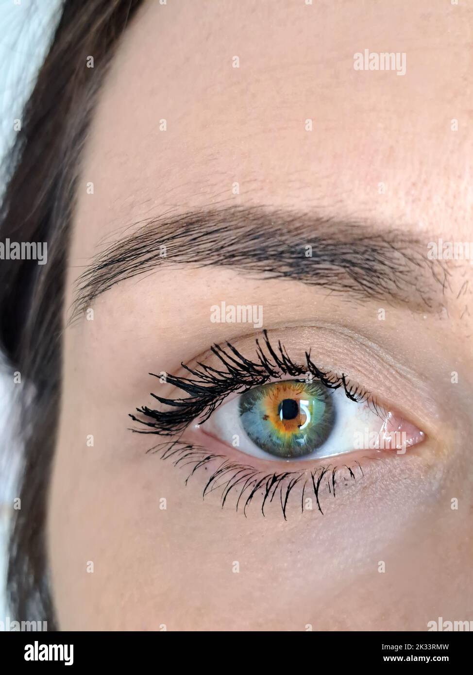 Gros plan de la mascara de l'œil de la femme contre les extensions de cils Banque D'Images