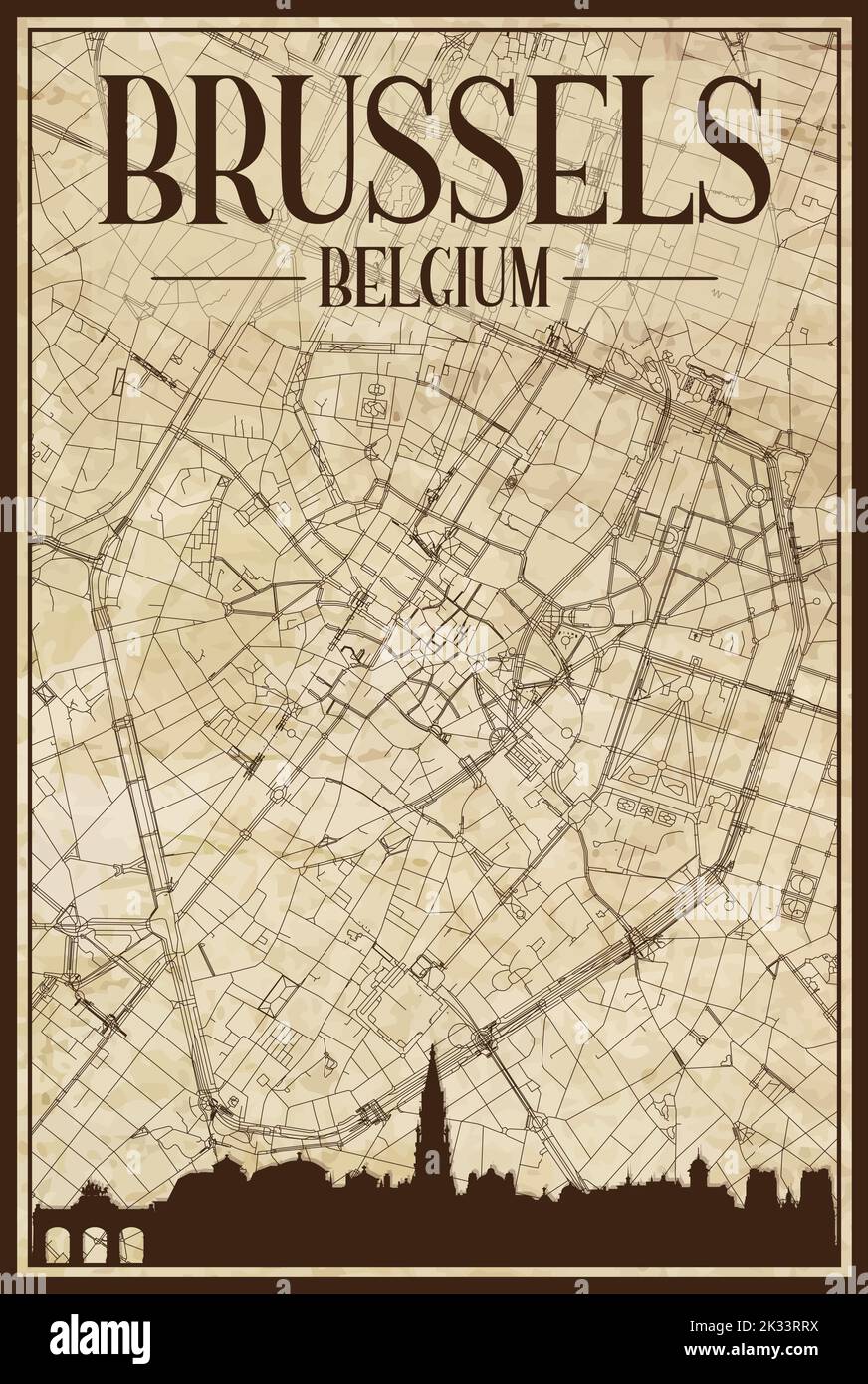 Carte du réseau des rues du centre-ville DE BRUXELLES, EN BELGIQUE, imprimée à la main, d'époque brune, avec gratte-ciel et lettrage marron Illustration de Vecteur