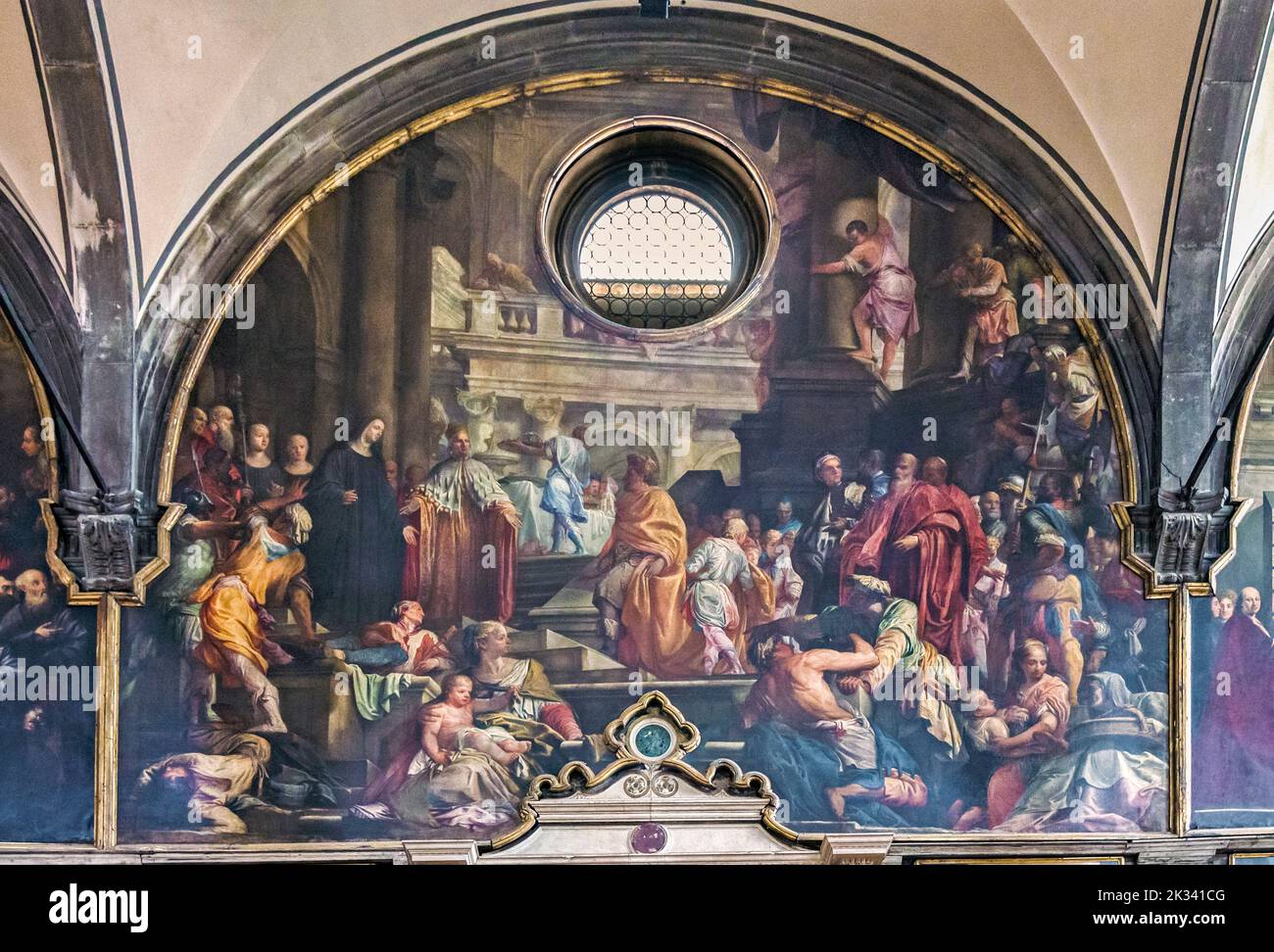 Italie Vénétie Eglise de Venise de San Zaccaria Fresco visite au monastère de l'empereur Otto III, en l'an 1001, accompagné de Doge Pietro Orseolo II - Giovanni Antono Fumiani Banque D'Images