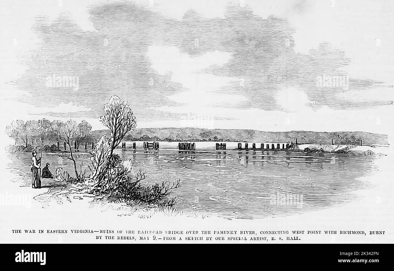 La guerre dans l'est de la Virginie - ruines du pont ferroviaire au-dessus de la rivière Pamunkey, reliant West point à Richmond, incendié par les rebelles, 9 mai 1862. Illustration de la guerre de Sécession américaine du 19th siècle tirée du journal illustré de Frank Leslie Banque D'Images