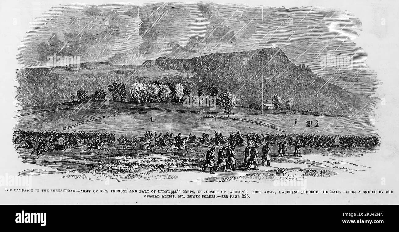 La campagne dans la Shenandoah - l'armée sur le général John Charles Frémont et une partie du corps d'Irvin McDowell, à la poursuite de l'armée Rebel de Stonewall Jackson, marchant dans la pluie. Juin 1862. Illustration de la guerre de Sécession américaine du 19th siècle tirée du journal illustré de Frank Leslie Banque D'Images