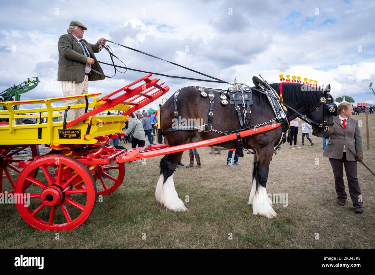 Great Gransden Cambridgeshire, Royaume-Uni. 24th septembre 2022. Paul Smith présente un cheval de Shire appelé Jack au salon de la Société agricole de Gransden et de district. Jack a 9 ans et a plus de 18 mains est l'un des chevaux shire les plus hauts du Royaume-Uni. À ce spectacle, il tire une charrette de foin de Suffolk construite dans les années 1930. Crédit : Julian Eales/Alay Live News Banque D'Images