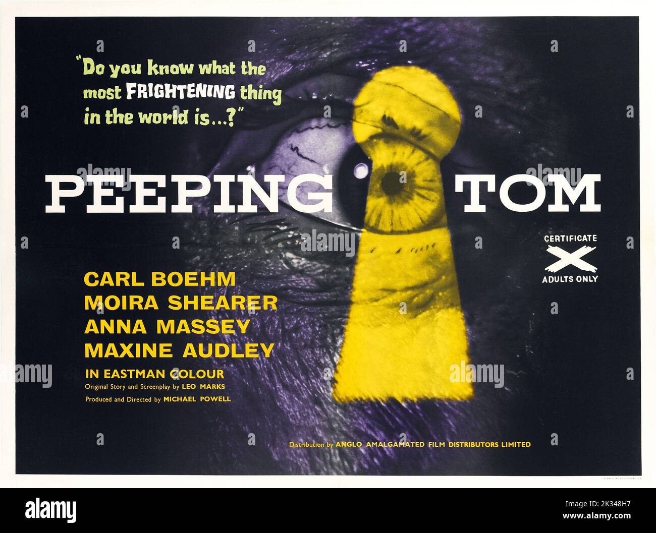 Affiche du film d'époque - Peeping Tom est un thriller d'horreur psychologique britannique de 1960 réalisé par Michael Powell, avec Carl Boehm, Anna Massey, Banque D'Images