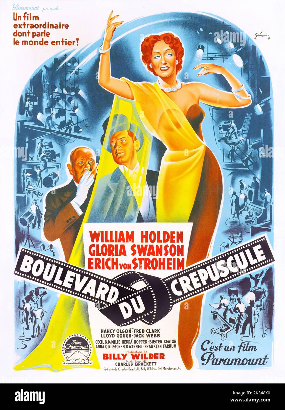 Vintage French 1950s film Poster - Sunset Boulevard , avec William Holden, Gloria Swanson, (Paramount, 1950). Banque D'Images