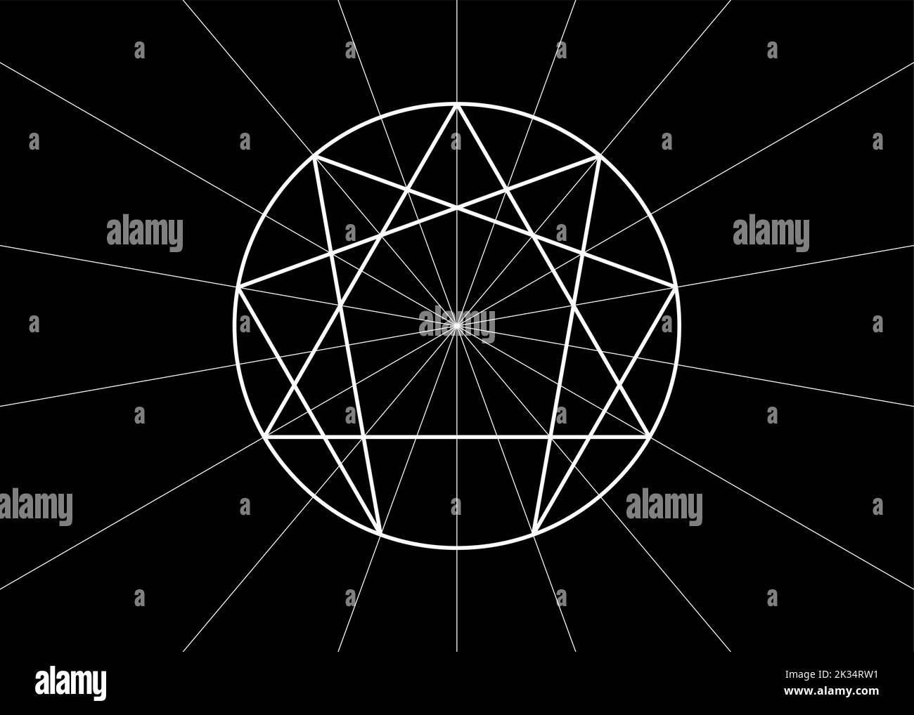 Icône Enneagram, géométrie sacrée, modèle de logo de diagramme blanc, illustration vectorielle isolée sur fond noir Illustration de Vecteur