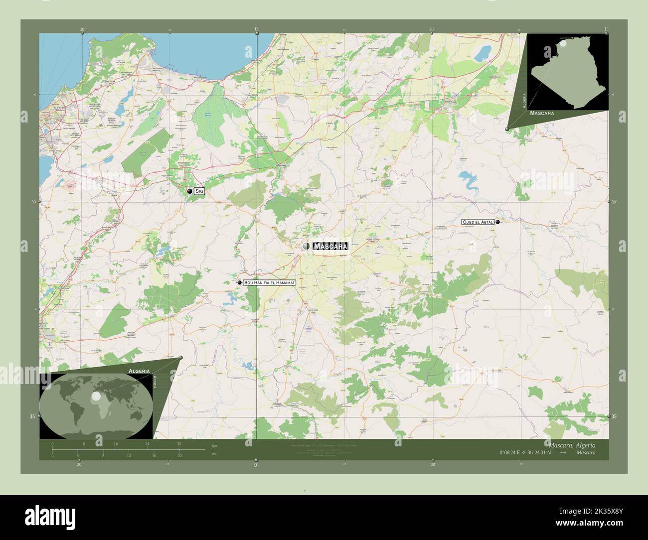 Mascara, province d'Algérie. Ouvrez la carte des rues. Lieux et noms