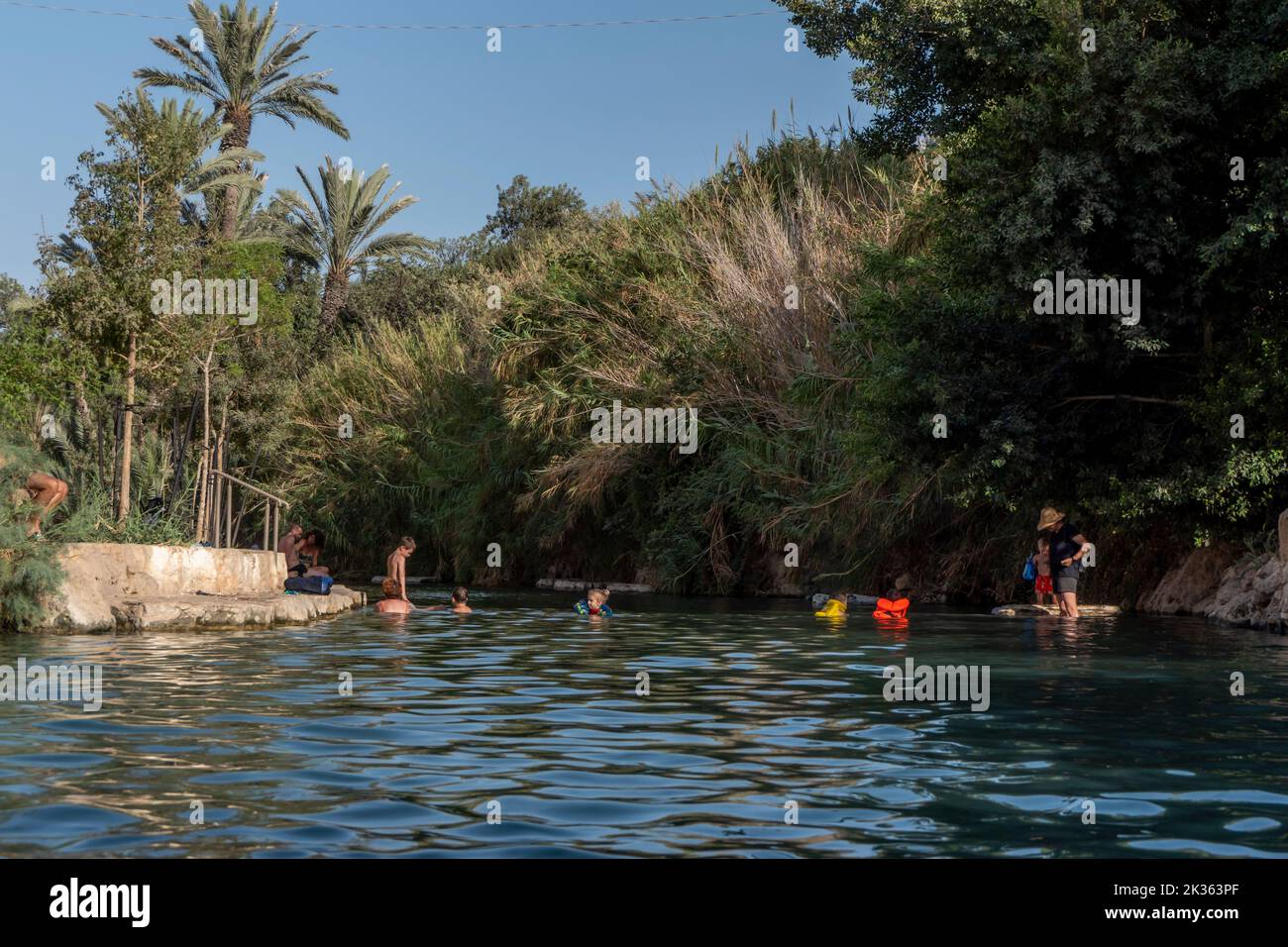 Les gens se baignent dans une piscine d'eau de source naturelle du ruisseau Amal qui traverse le parc national de Gan Hashlosha également connu sous son nom arabe Sakhne en Israël Banque D'Images