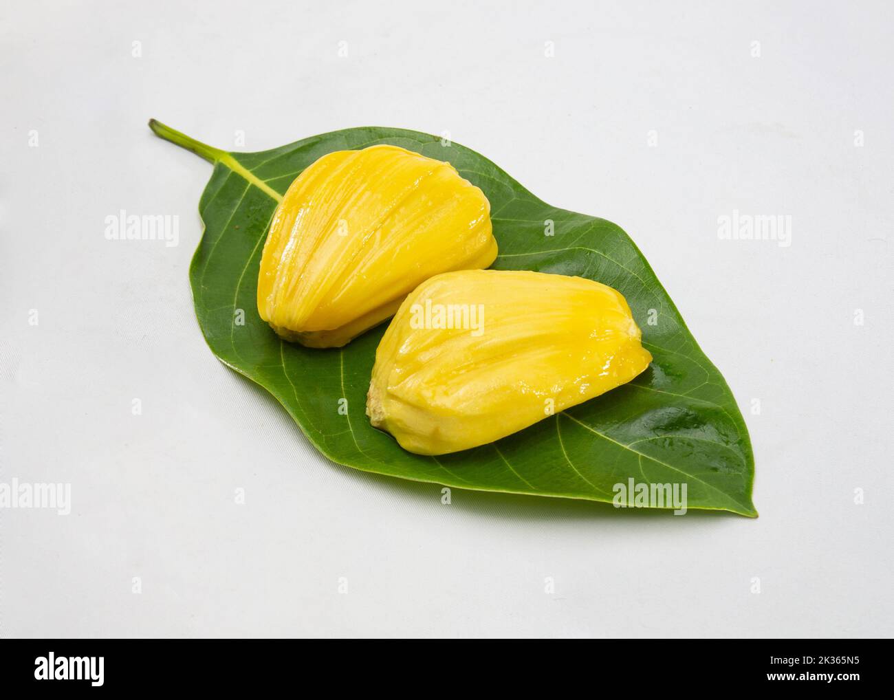 Deux cœurs de jackfruit sur fond blanc. Fruits rafraîchissants d'été doux populaires du Bangladesh, de l'Inde, de la Thaïlande et d'autres parties de l'Asie. Banque D'Images