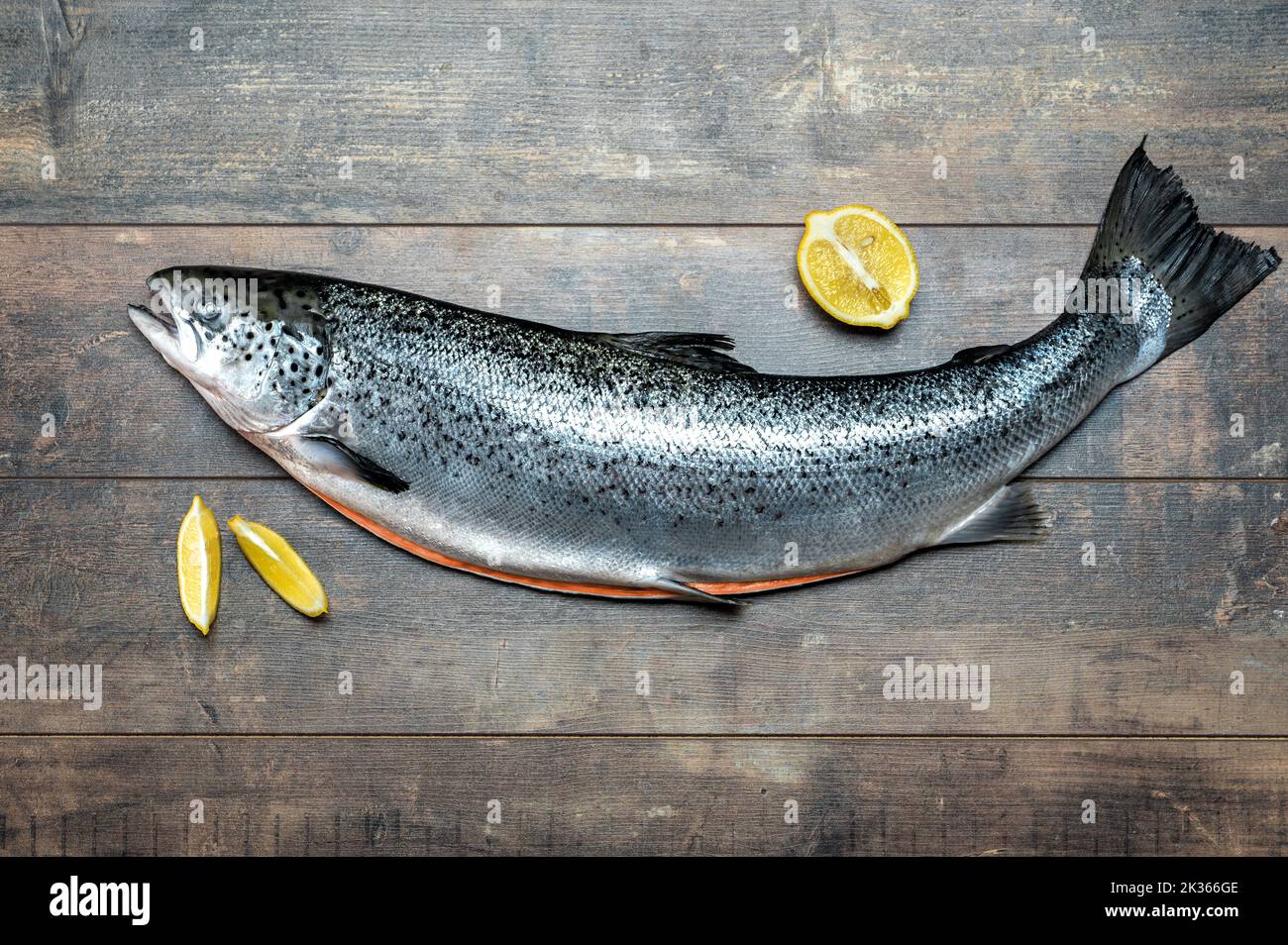 la carcasse de saumon évidée au citron repose sur une planche de bois pour couper le poisson. carcasse de saumon de l'atlantique. Carcasse brute de truite sur fond de table en bois. Mer Banque D'Images