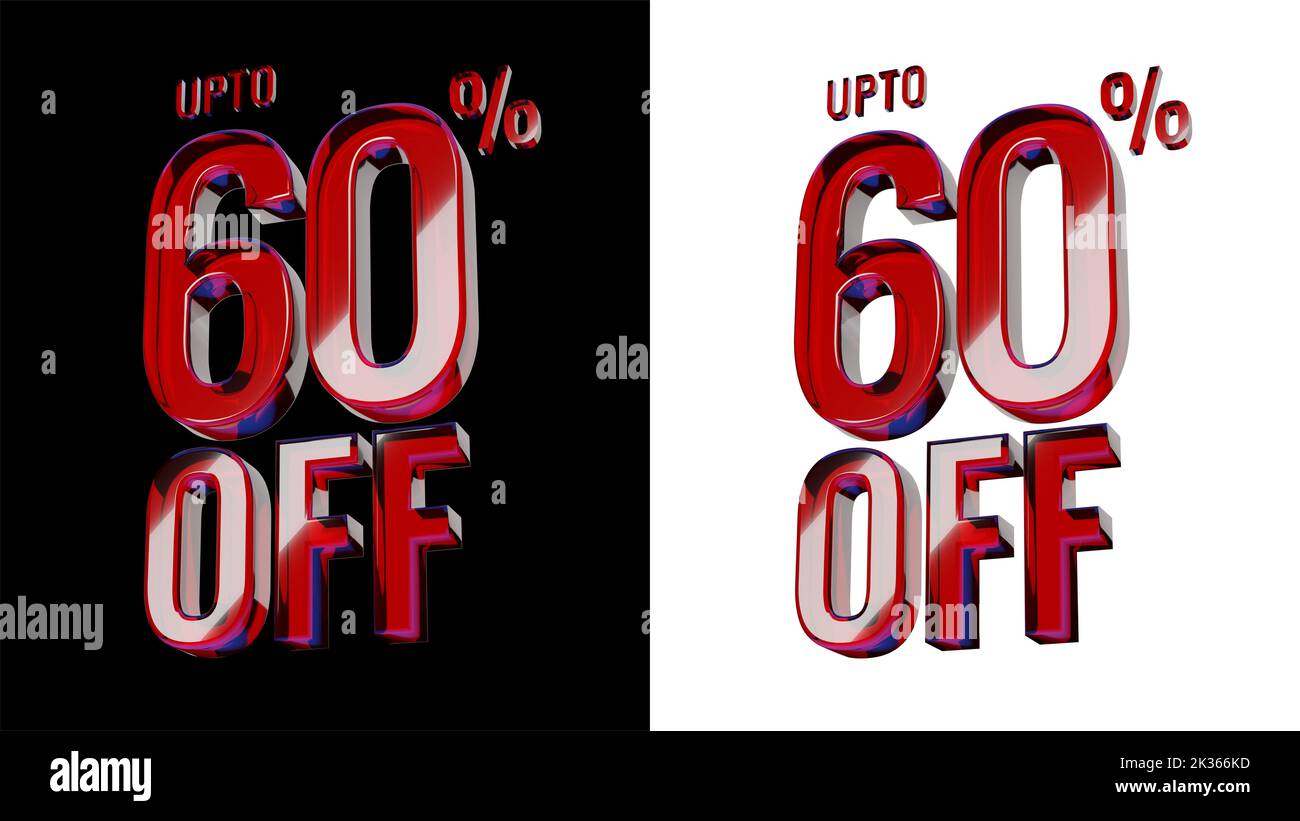 JUSQU'À 60 % DE RÉDUCTION. 3D animation de texte en verre rouge brillant, sur fond noir et blanc, rendu 3D. Banque D'Images