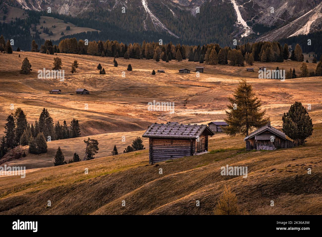 Alpe di Siusi, Italie - chalets traditionnels en bois à Seiser Alm, une prairie alpine le matin de l'automne dans les Dolomites italiennes, dans le Tyrol du Sud Banque D'Images