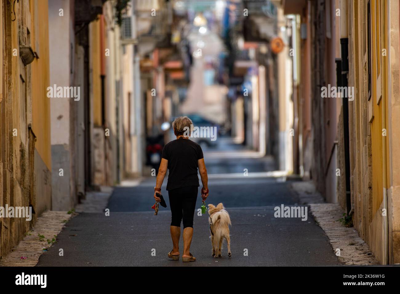 Une dame marche son chien dans l'une des rues escarpées Ragusa Superiore, Sicile, Italie Banque D'Images