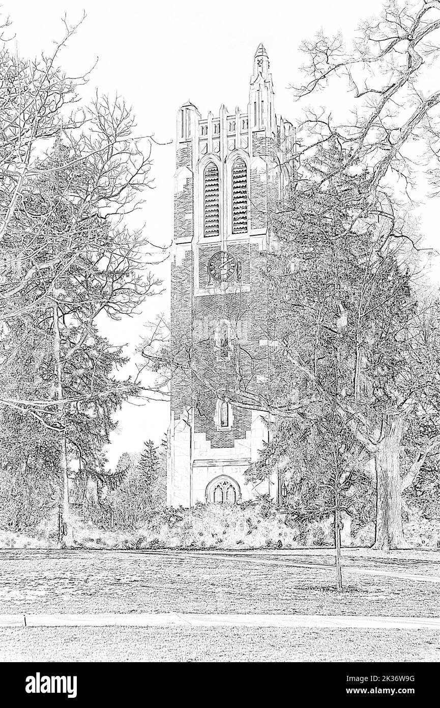 EAST LANSING, MI 3 NOVEMBRE 2021 : dessin au crayon créé numériquement de la tour Beaumont à l'université d'État du Michigan Banque D'Images
