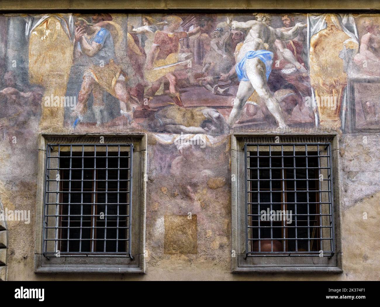 Vieille peinture sur le mur extérieur de la maison, fresque de la Renaissance extérieure, Florence, Italie. Façade peinte du bâtiment historique. Thème de l'art italien, ext Banque D'Images