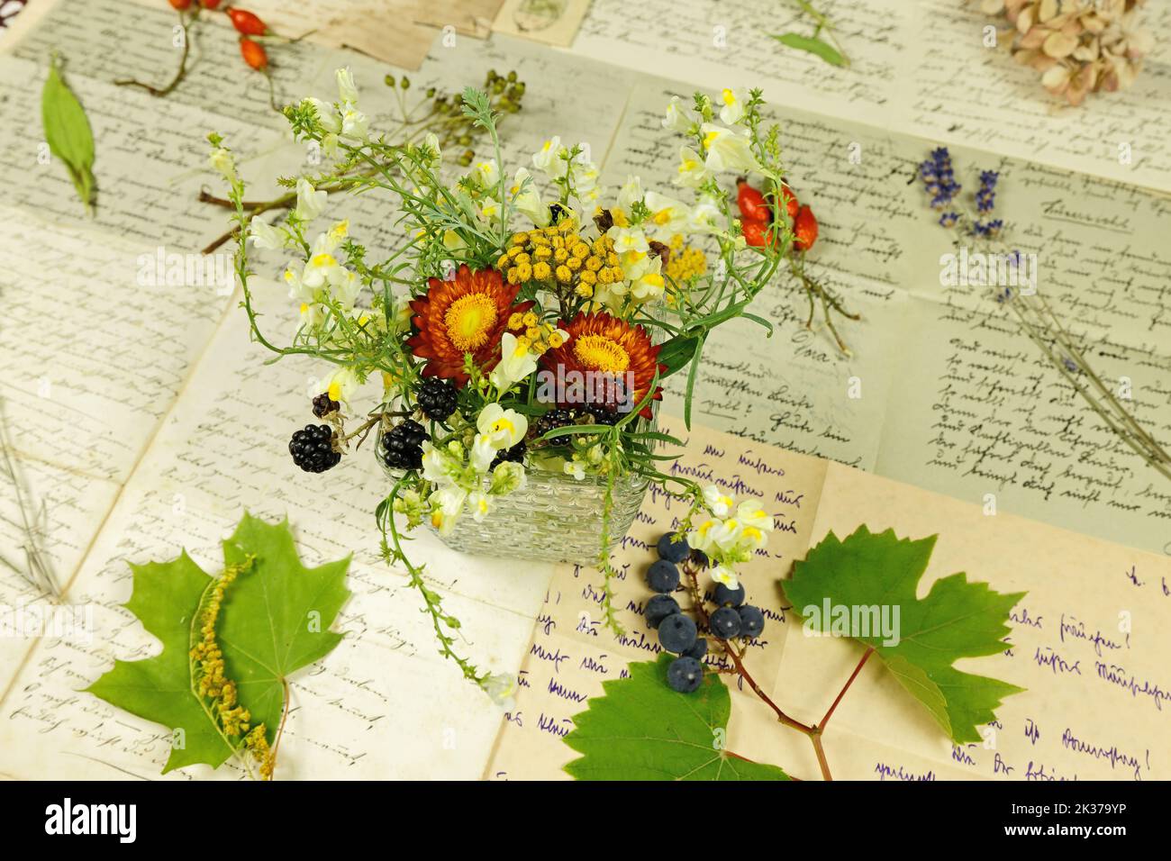 Arrangement décoratif avec des fleurs sauvages fraîches et des herbes en face d'anciennes lettres Banque D'Images