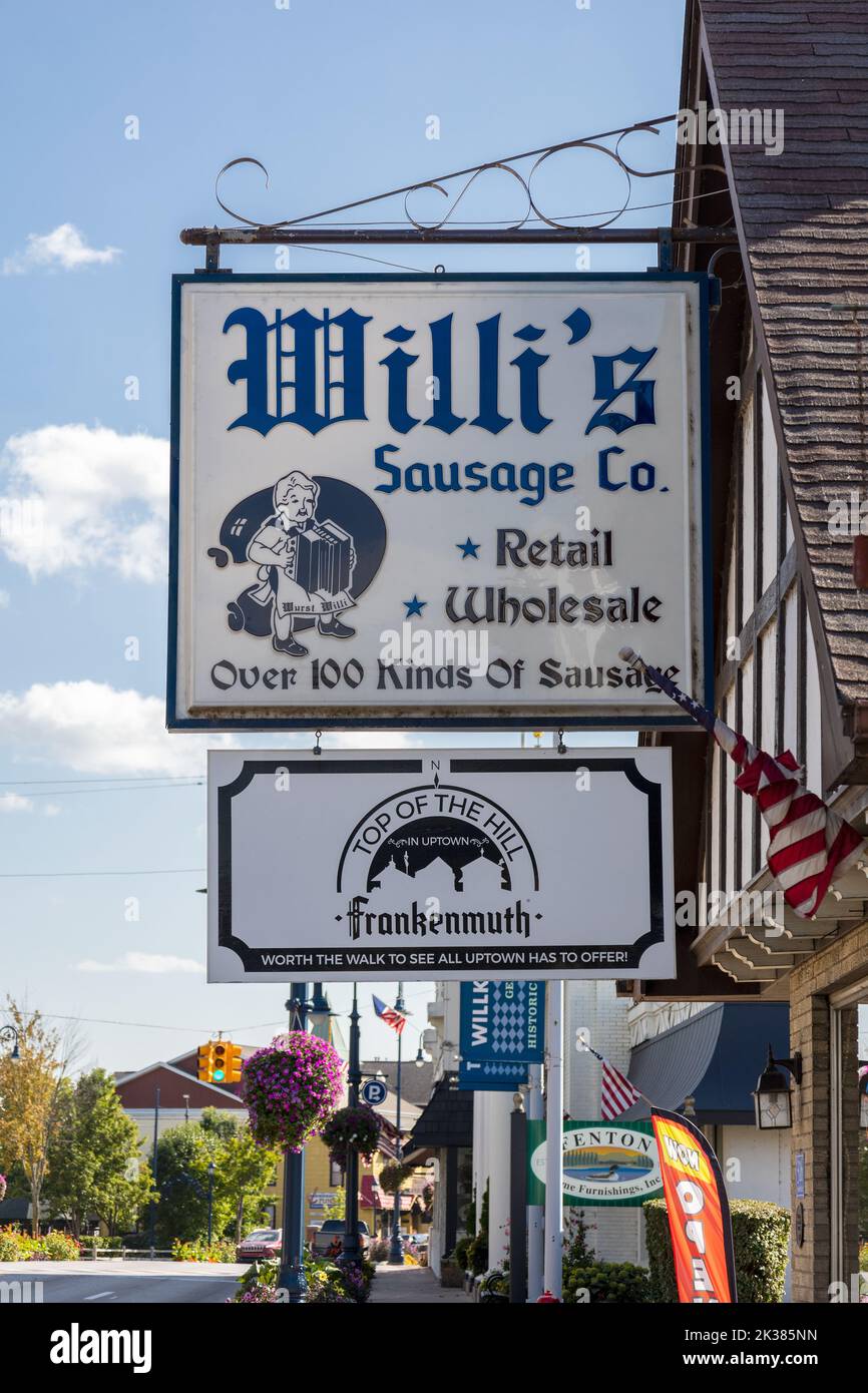 Willi's Sausage Store Sign Frankenmuth Michigan A Sausage Maker and Butchers Shop. Logo de Willi Banque D'Images