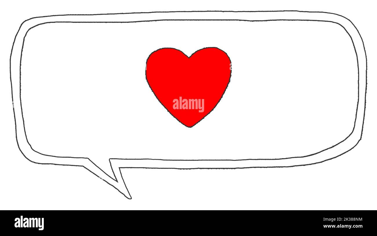 Bulle de discours dessinée à la main avec un cœur rouge sur fond blanc isolé. Illustration simple et primitive de style doodle de l'amour, de l'affection, des frais Banque D'Images