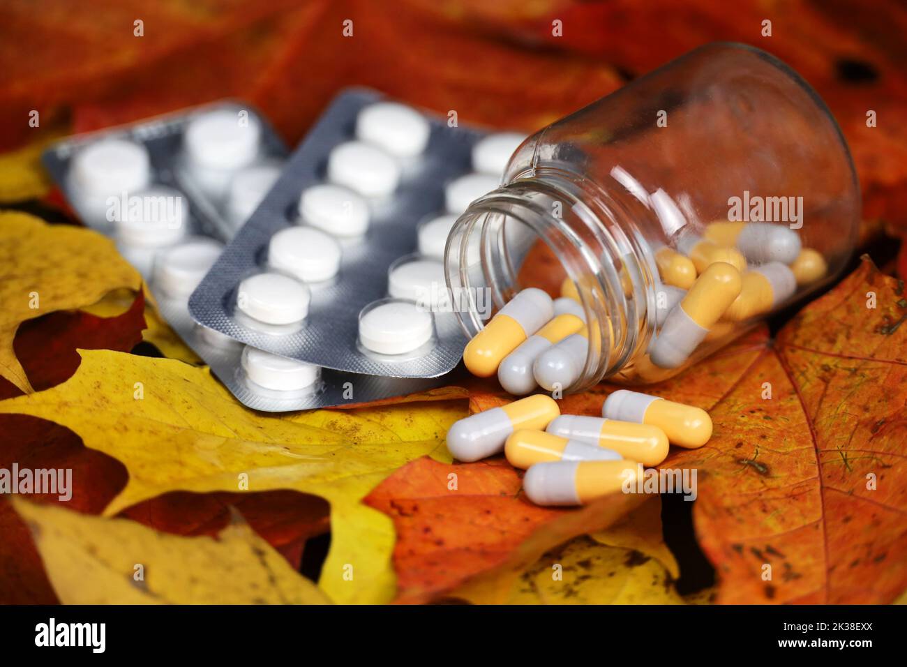 Pilules sur les feuilles d'érable d'automne, bouteille avec capsules dispersées. Pharmacie, antidépresseurs, vitamines pour l'immunité en saison de la grippe Banque D'Images
