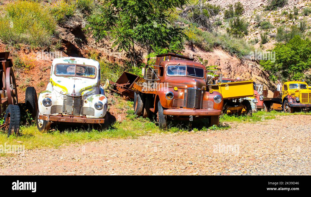 Plusieurs voitures et camions anciens à Junkyard Banque D'Images