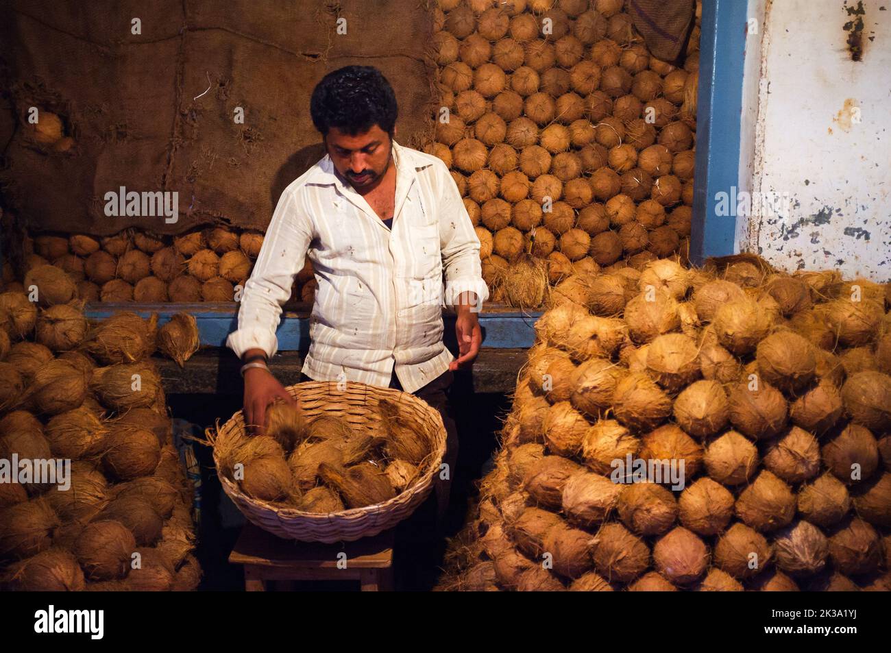Un gros plan d'un homme vendant des noix de coco au marché de Devaraja à Mysore, Inde la nuit Banque D'Images