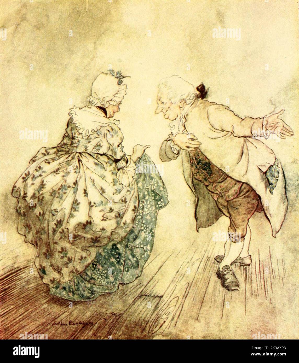 Puis, le vieux Fezziwig se distingue par la danse avec Mme Fezziwig illustrée par Arthur Rackham du livre ' A Christmas carol ' de Charles Dickens, Date de publication 1915 Editeur Londres : William Heinemann ; Philadelphie : J.B. Lippincott Co Banque D'Images