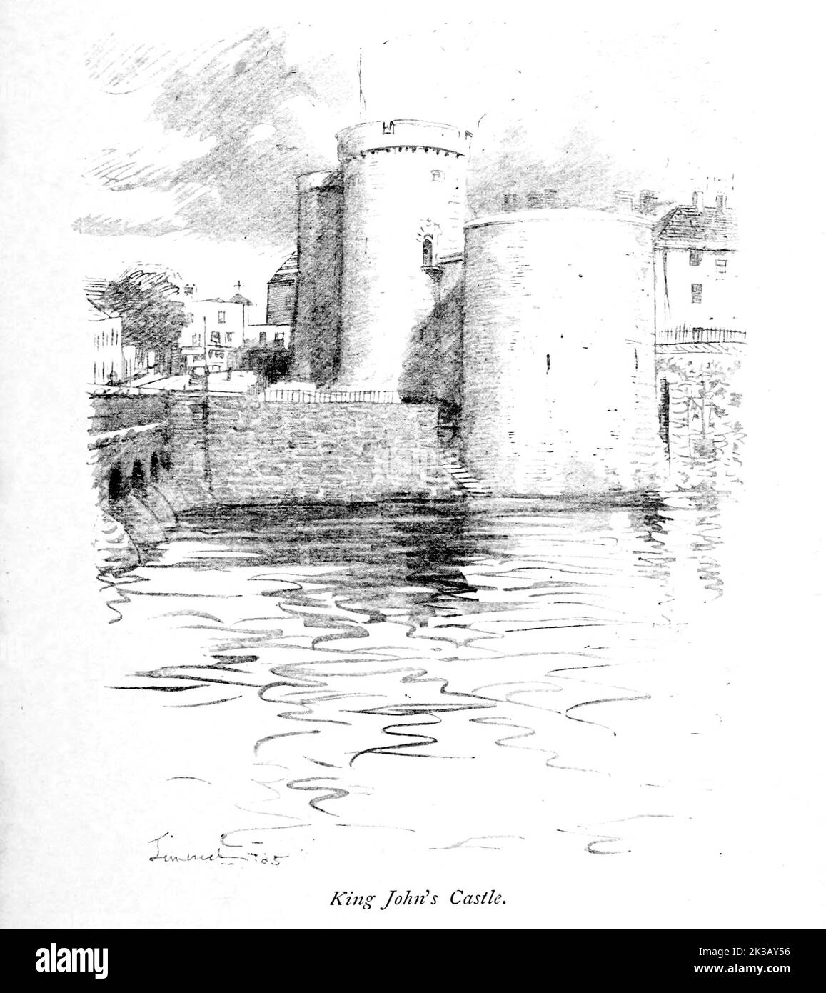 Le château du roi John, également connu sous le nom de château de Limerick, est un château de 13th ans situé sur l'île du roi à Limerick, en Irlande, à côté de la rivière Shannon. Bien que le site date de 922 lorsque les Vikings vivaient sur l'île, le château lui-même fut construit sur les ordres du roi Jean en 1200. L'un des châteaux normands les mieux préservés d'Europe, les murs, les tours et les fortifications restent aujourd'hui et sont des attractions touristiques. Les vestiges d'un village viking ont été découverts lors de fouilles archéologiques sur le site en 1900. Illustré par Hugh Thomson du livre « les célèbres villes d'Irlande » par Banque D'Images