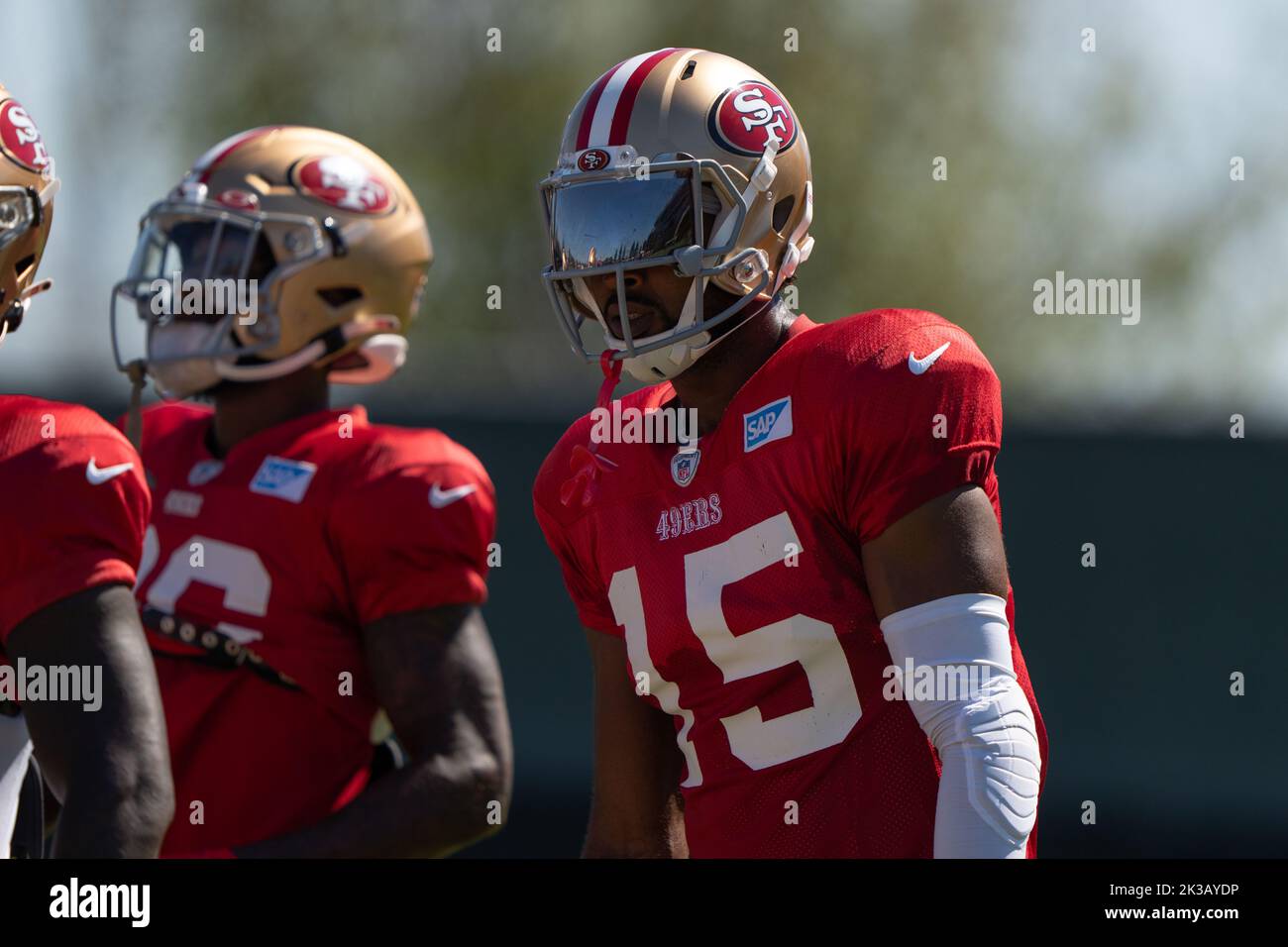 22 septembre 2022 ; Santa Clara, Californie, États-Unis; le receveur des 49ers de San Francisco Jauan Jennings (15 ans) lors des entraînements au SAP performance Center à côté du Levi’s Stadium. (Stan Szeto/image du sport) Banque D'Images